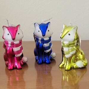 Holiday Time Set of 3 Fox with Glitter Scarf Shiny Christmas Ornaments NEW